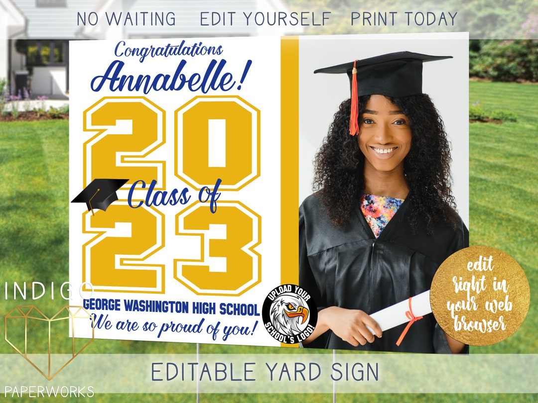 Printable Photo Grad Lawn Sign Navy Blue and White Custom Graduate ...