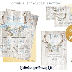 Rustikales Holzgeweih Junge Babypartyeinladung Kit, Florales Hirschgeweih Boho Einladungsset, druckbare benutzerdefinierte Babypartyeinladungssuiten