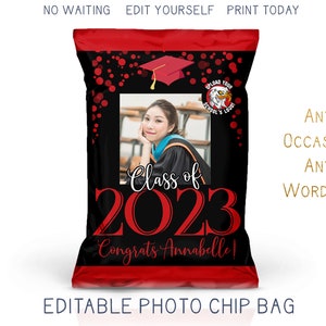 Printable 2023 Graduation Chip Bag with Photo, Modern Red White and Black Grad Party Favor Bag, DIY Trunk Party Decor