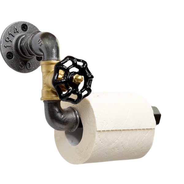 Industriële Stijl Toiletpapierhouder Model 3 - Zwarte Klepknop - Ontwerp met Loodgieterijfittingen