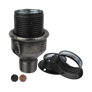 Könnte beinhalten: Schwarzes Metallrohrfitting mit einem Gewindeende und einer runden Basis. Das Fitting hat einen silberfarbenen Metallring um die Oberseite. Es gibt drei zusätzliche schwarze Metallringe mit silberfarbenen Metallringen um die Oberseite.