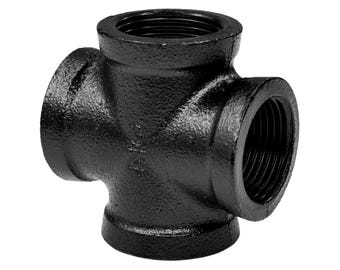 Schwarz Lackiertes Kreuz 4 Wege F/F/F/F | Deko Industrie Rohr Fitting Sofort Montierbar | 4 Rohre DIY Möbel Loft