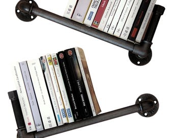 Estante de pared industrial de hierro fundido y acero, libreria para libros de bolsillo, barra reversible, deco steampunk (por unidad)
