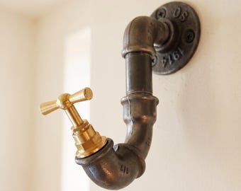 Cast iron and brass faucet hook, industrial coat hook for entryway wall