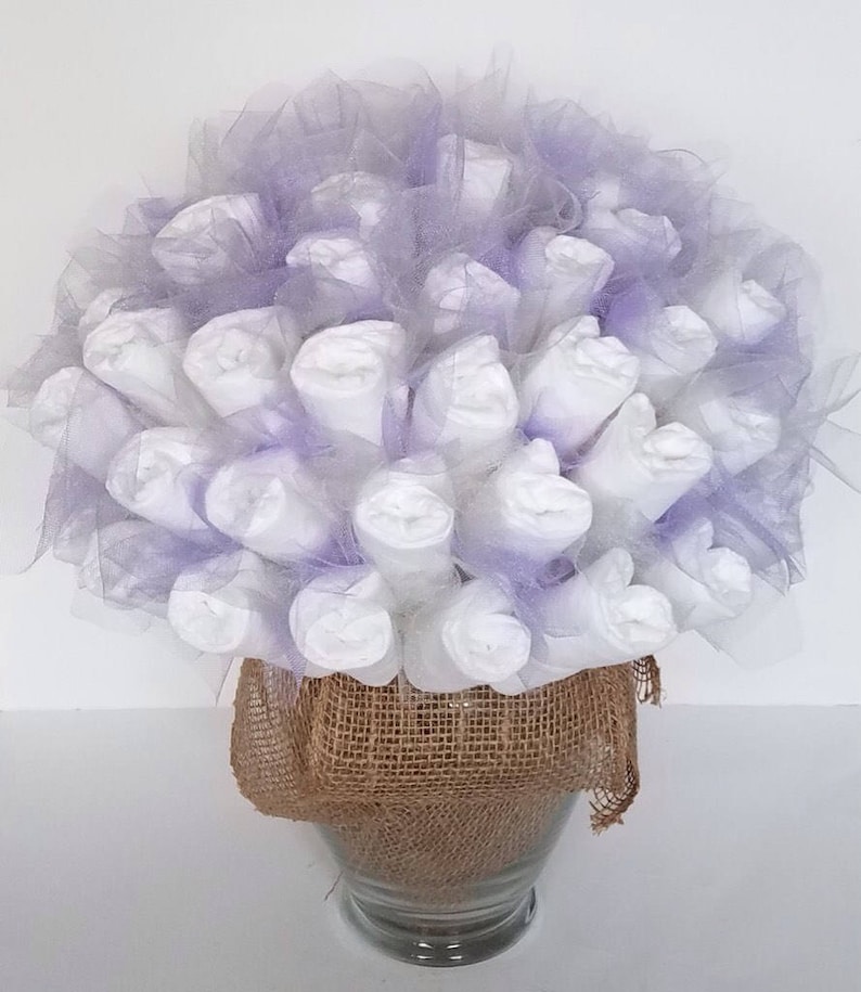 garden baby shower baby shower centerpiece new baby shower gift Rustic lavender and gray diaper bouquet baby shower decorations