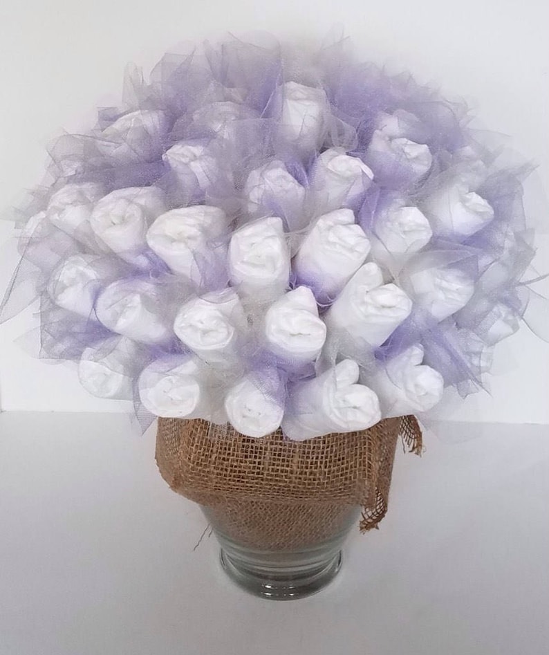 garden baby shower baby shower centerpiece new baby shower gift Rustic lavender and gray diaper bouquet baby shower decorations