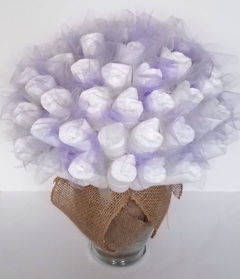 garden baby shower baby shower centerpiece new baby shower gift Rustic lavender and gray diaper bouquet baby shower decorations