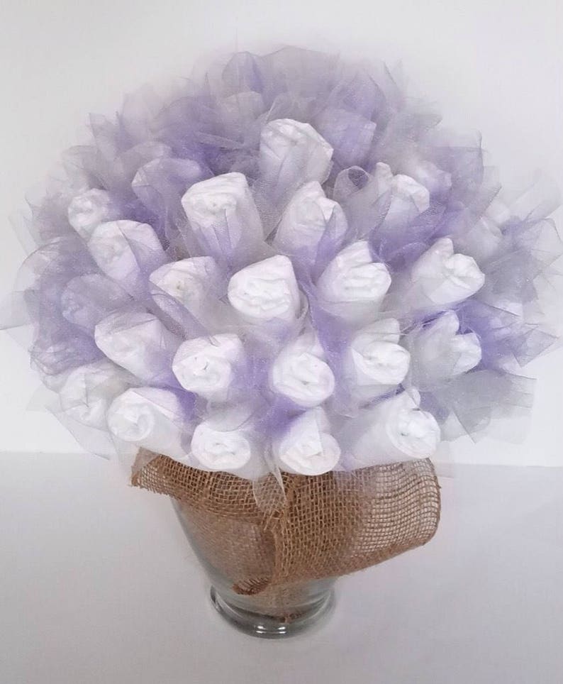 garden baby shower baby shower centerpiece new baby shower gift Rustic lavender and gray diaper bouquet baby shower decorations