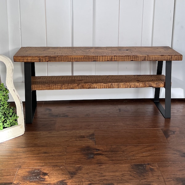 Distressed Double Entryway Bench Farmhouse Shoe Bench