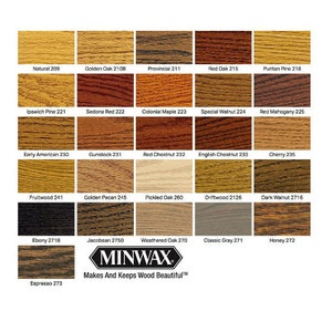 May include: A color chart of 24 wood stain colors from Minwax, a brand that makes and keeps wood beautiful. The chart shows a variety of colors, from light to dark, and includes names and numbers for each color.