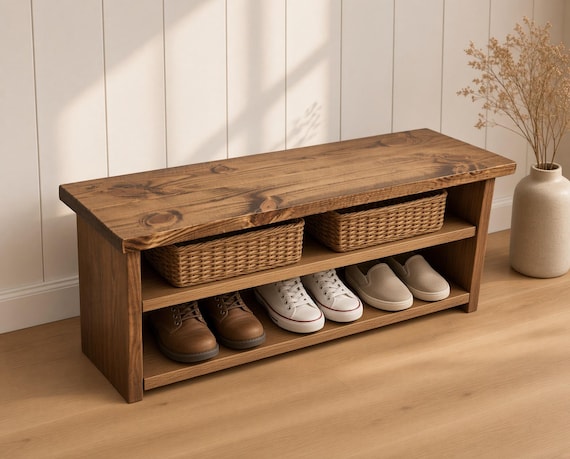 Rustic Wooden Shoe Bench with Storage | Custom Entryway Farmhouse Organizer
