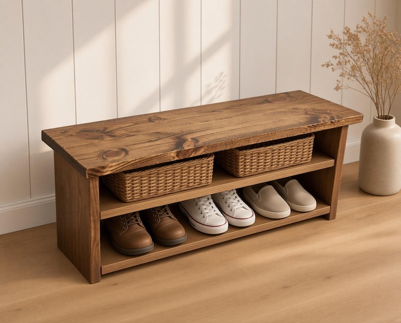 May include: A rectangular wooden shoe bench with a dark brown finish, featuring a flat top surface, one middle shelf holding two woven wicker baskets, and a bottom shelf containing two brown leather shoes, two white sneakers, and two beige slip-ons.