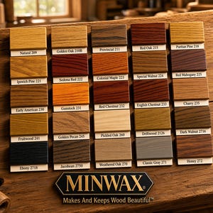 May include: A Minwax wood stain color chart featuring twenty-five rectangular wood samples arranged in five columns. Each sample displays a unique wood grain texture and color, labeled with its specific name and number, such as Natural 209.