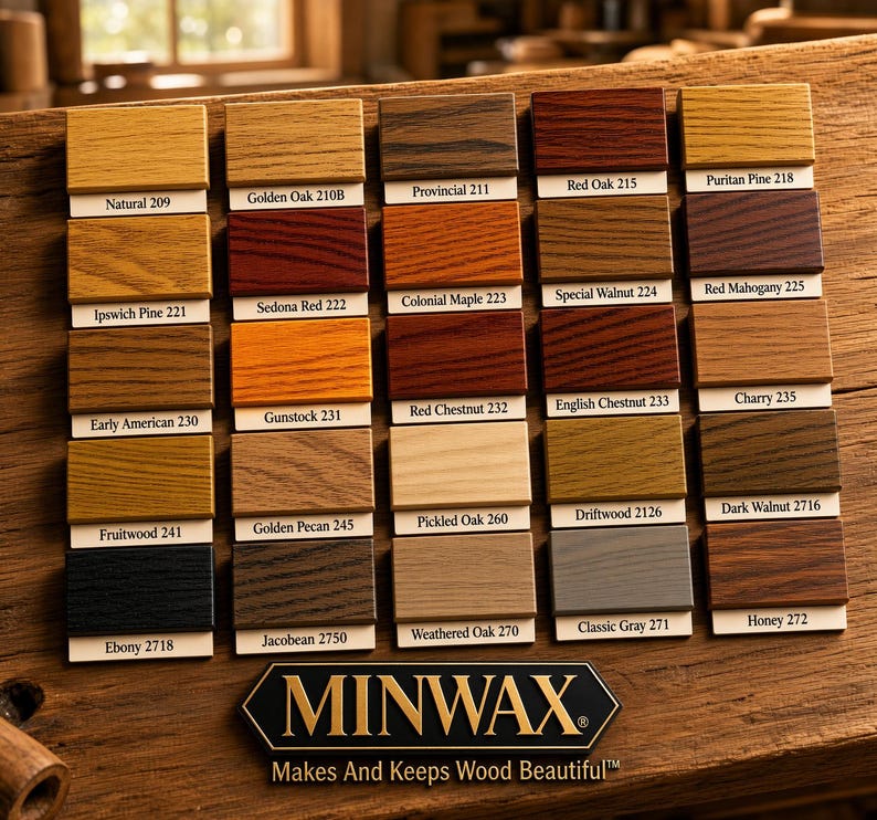 May include: A Minwax wood stain color chart featuring twenty-five rectangular wood samples arranged in five columns. Each sample displays a unique wood grain texture and color, labeled with its specific name and number, such as Natural 209.