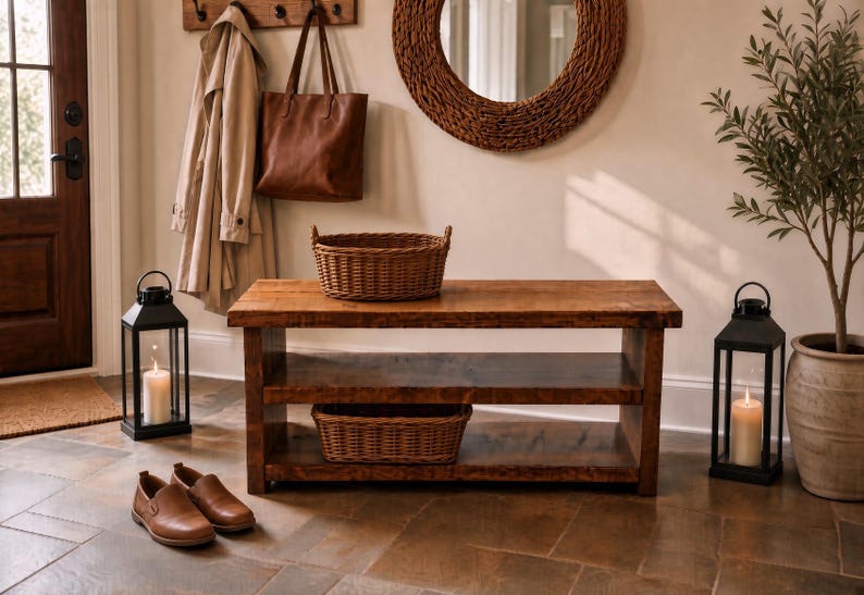 May include: A rectangular wooden bench with two open shelves, featuring a dark brown finish. A woven wicker basket sits on the top surface and another on the bottom shelf. The bench is positioned on a stone floor between two black metal lanterns.
