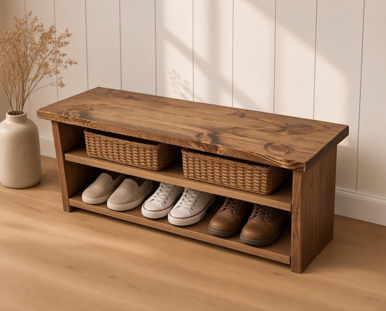 May include: A rectangular wooden shoe bench with a dark brown stained finish. The unit features a flat top surface, an open middle shelf holding two woven wicker baskets, and a bottom shelf containing three pairs of shoes in beige, white, and brown.