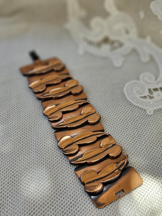 Copper Bracelet – Signed, Renoir -  Broad Leaf Pa… - image 1