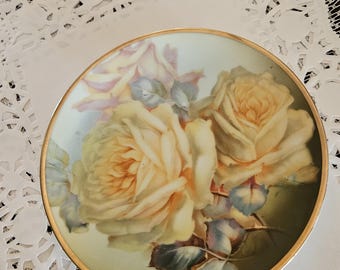 Yellow Roses Hand Painted Plate with Gold Rim