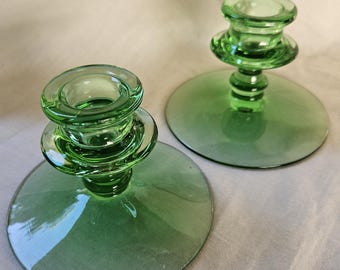 Depression Glass Candle Holder Pair - Light Forest  Green