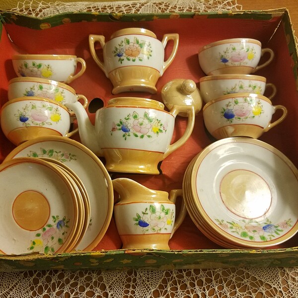 Child's China Tea Set for 6 - c. 1940 - Made in Japan - 22 Pieces - Only One Nip - Original Box - Luster with Flowers - Great Condition