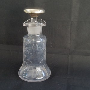 Antique Crystal Oil & Vinegar Cruet – Etched Glass, Sterling Stopper Top (c1910)