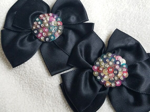 Vintage Black Satin Shoe Bows – Pastel Sequin Cent