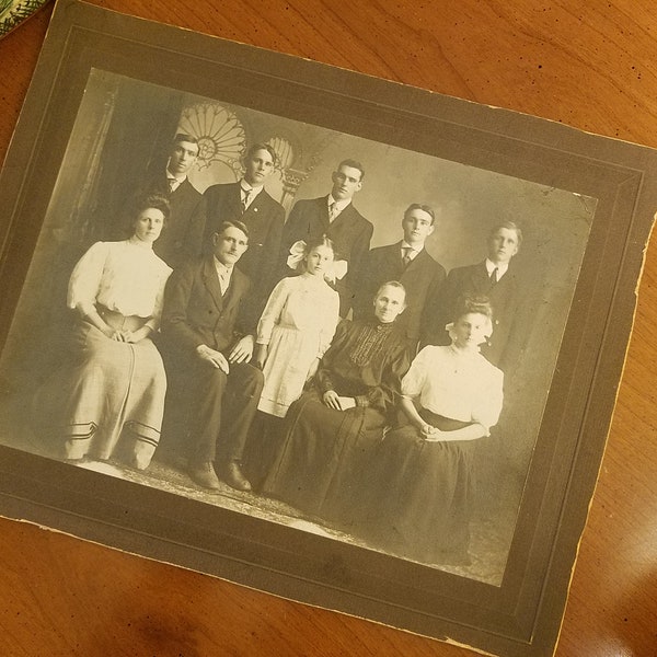 Vintage Family Photo - c. 1910 - Family of 10 Dressed in their Best - Example of Men's, Women's and Girl's Dress of the Day -  Ships FREE