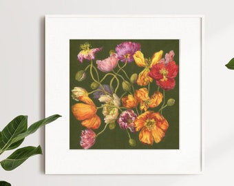 Poppy Flower Art Print // Spring Florals // Bright Botanical Still Life // Poppies // Orange // Red // Pink // Green // Colourful Wall Art