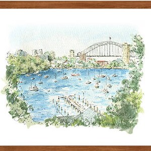 Konsttryck av Sydney Harbour Bridge / Australisk gåva / Landskapskonstverk / Akvarell av Sydney-ikonen bild 1