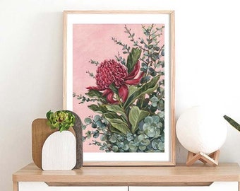 Waratah Flower Print // Australian Native Wildflower Art // Red Waratah // Pink Botanical Print //  Flower Still Life // Gifts for her