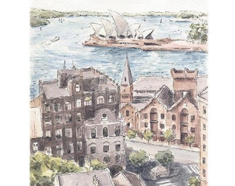 Konsttryck av Sydneys operahus / Konstverket The Rocks Sydney / Akvarelltryck av Sydney / Resegåva från Australien / Landskapskonst från Australien