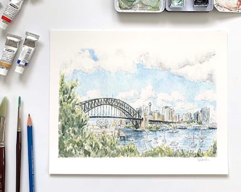 Konsttryck av Sydneys skyline / Konstverk av Sydney Harbour Bridge / Australisk gåva / Konsttryck / Landskapskonstverk / Akvarell av Sydney