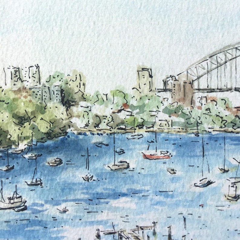 Konsttryck av Sydney Harbour Bridge / Australisk gåva / Landskapskonstverk / Akvarell av Sydney-ikonen bild 3