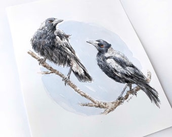 Magpie Painting / Black Bird Art / Australian Bird Watercolour / Original Artwork / Wildlife Illustration / Australian gift / Two Birds Art