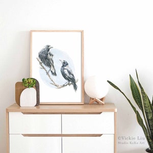 Magpie Bird Art Print // Australian Wildlife Print, Watercolour Illustration, Magpie painting, Bird Wall Print, Black Bird, Mothers Day Gift image 2