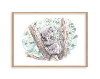 Koala Art Print // Koala Bär Wildtiere und Koala, Kinderzimmer Wandbild, Australischer Aquarell Druck, Muttertagsgeschenk