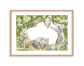 Australische Tiere Kunstdruck // Kinderzimmer Kunstdruck, Australier Souvenir Print, Native Wildlife Aquarell, Wombat, Känguru, Koala