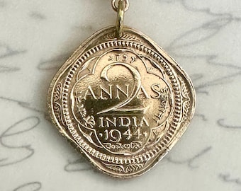 Rare 1944 India 2 Annas Coin Necklace Pendant.  Choose from 3 Settings