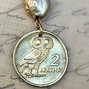 Vintage 1973 Greece 2 Drachmai Coin Necklace Pendant. Owl of Athena (goddess of wisdom). Phoenix Rising from Flame. Choose from 3 Settings