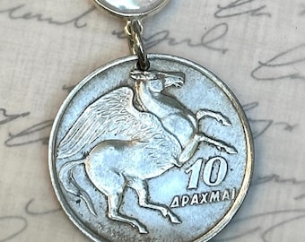 1973 Greece 10 Drachmai Coin Necklace Pendant.  Pegasus (mythological winged horse). Choose from 3 Settings
