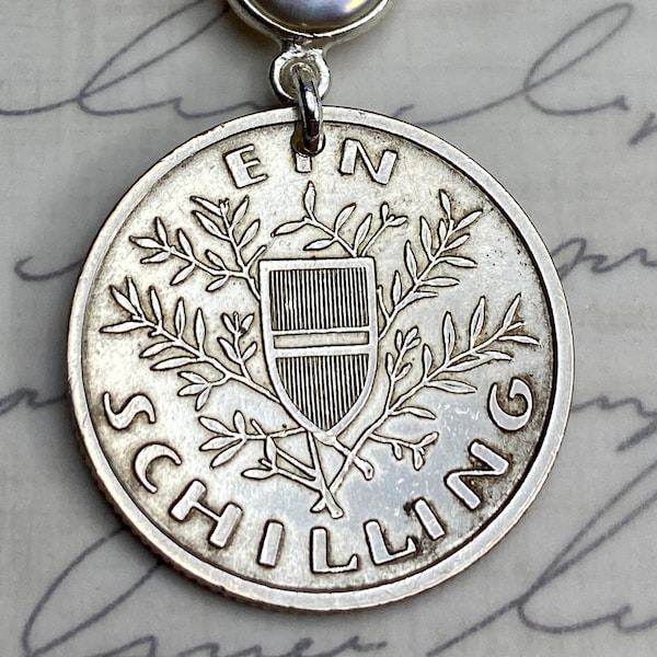 Vintage 1925 Austria 1 Schillings Coin Necklace Pendant. (.925 Sterling Silver). Freshwater Pearl. 98th Birthday Gift.