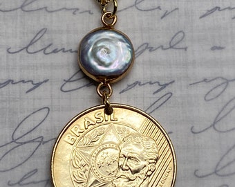 2002 Brazil 25 Centavos Coin Necklace Pendant.  Genuine Freshwater Pearl. South America. Birthday Gift. 21st Birthday. Gold Plate.