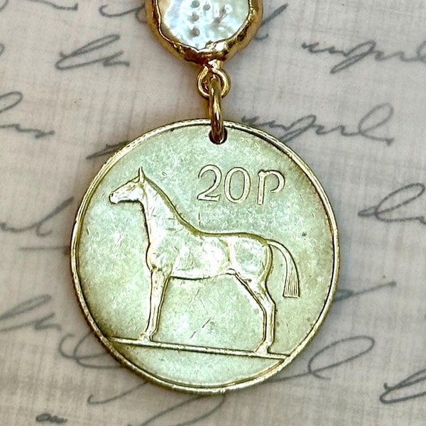 1995 Ireland 20 Pence Coin Necklace Pendant. Horse.  Gaelic or Irish Harp.  Choose from 3 Settings