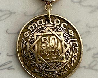 Vintage 1952 Morocco 50 Francs Coin Necklace Pendant. Arabic Year 1371. Choose from 3 Settings