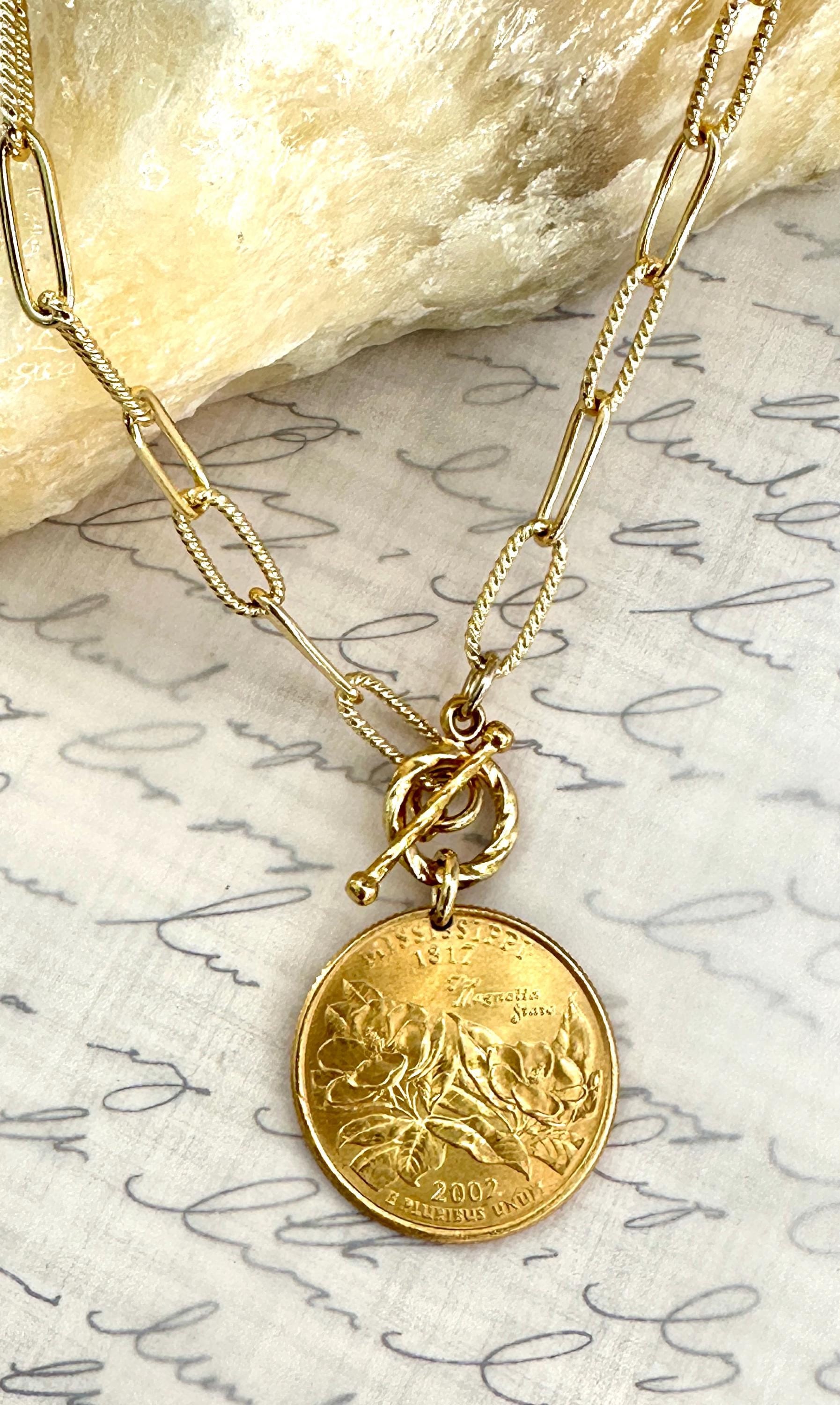 2002 Mississippi State Quarter Coin Necklace 24K Gold