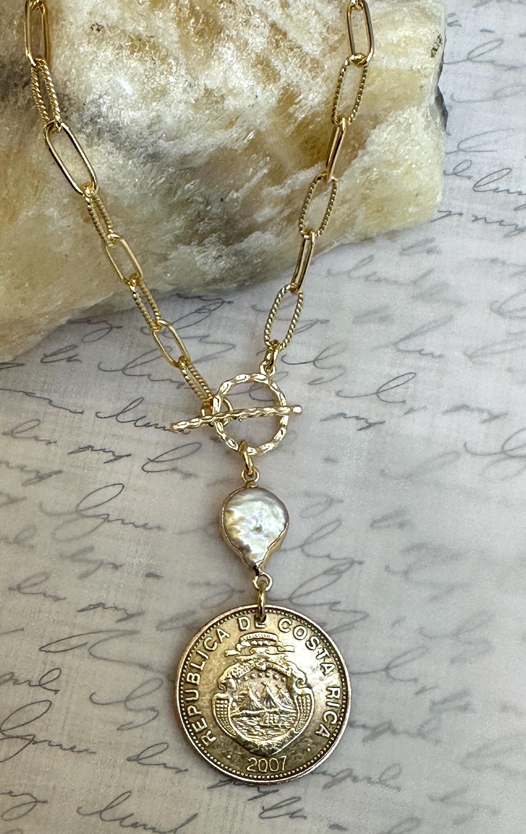 2007年コスタリカ100コロンコインネックレスペンダント。本物の淡水真珠。コスタリカの紋章。3つのセッティングからお選びいただけます。 - Etsy  日本