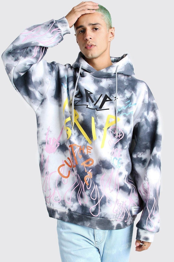 oversized flame print tie dye hoodie