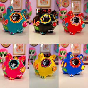Hand-Painted Mexican Ceramic Piggy Bank – Day of the Dead Folk Art Coin Bank – Colorful Alcancía Cochinito Decor