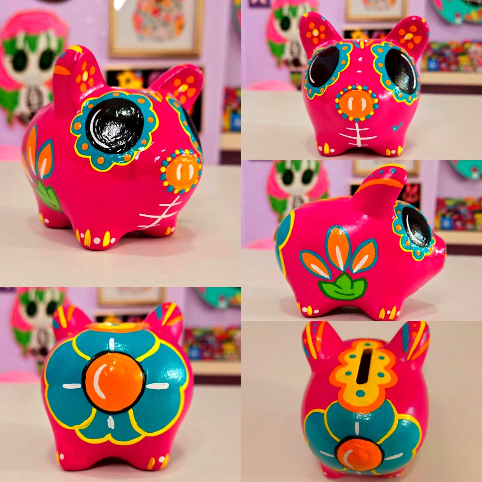 Hand-painted Mexican Ceramic Piggy Bank – Day of the Dead Folk Art