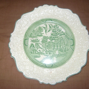 Antique Green Old Bristol England Pattern Porcelain Pottery Plates